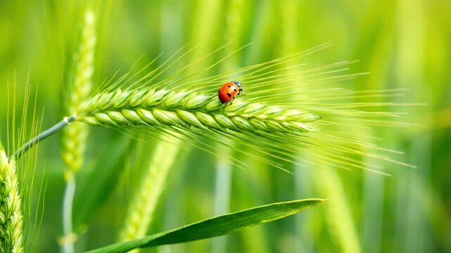 A ladybug rests on an ear of green wheat set against a blurred green backdrop