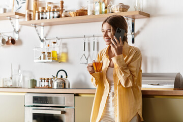 Bright and cheerful young woman takes a moment to sip tea and chat on the phone in her warm kitchen.