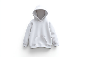 White oversized hoodie on a white background, soft fabric with hood and front pocket, comfortable and casual style. Minimalist, clean look.