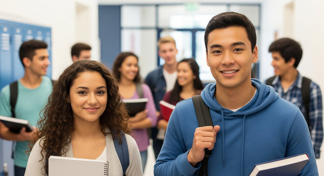 Confident diverse college students smiling in a bright school corridor with lockers, symbolizing education, youth, and community. - Powered by Adobe