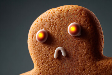 A gingerbread figure stares intensely with glowing eyes and an anxious expression, creating a blend of festive charm and eerie unease.