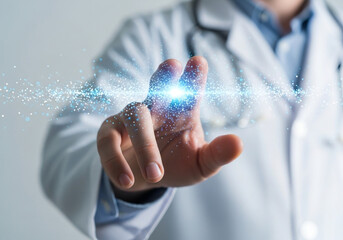 Doctor interacting with futuristic digital healthcare technology interface