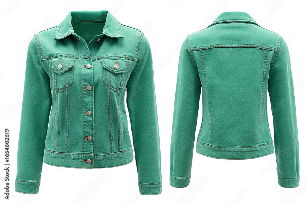 Poster front and back views of a green collared jacket with button closure. the jacket features front pocke