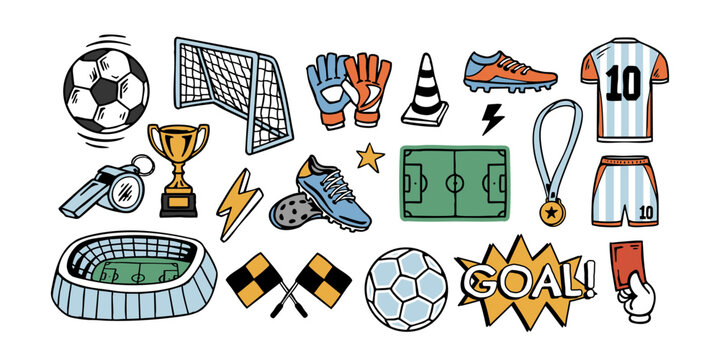 Vector football illustration set with soccer ball, goal, jersey, boots, gloves, trophy, stadium, medal, and field.
Perfect for t-shirts, posters, stickers, sports graphics, and merchandise.