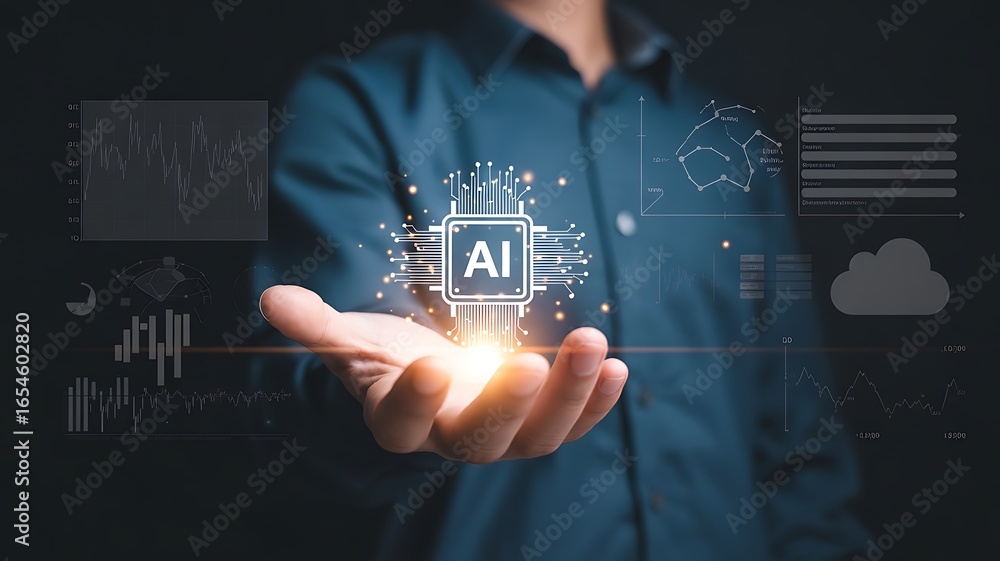 Poster person s hand holding glowing a i chip with data visualizations ai chip artificial intelligence