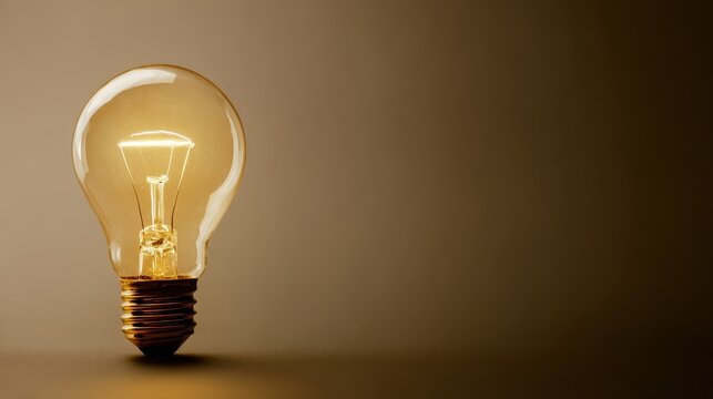 Close-up of glowing illuminated light bulb with bright filament in front of smooth gradient background, symbol of creativity, innovation, energy, idea, technology, future and inspiration concept