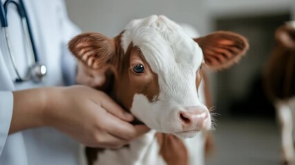 Veterinarian cares for calf: gentle handholding and inspection in farm setting