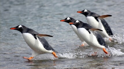 Naklejka premium Gentoo penguins swimming gracefully underwater in Antarctic ocean, native wildlife in natural habitat, marine animals in cold environment, majestic cold region birds in dynamic motion