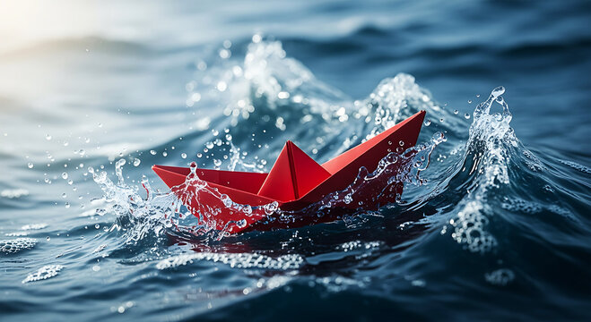 Red paper boat bravely sailing through rough ocean waves