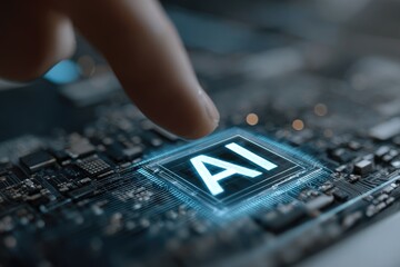 Finger touching AI graphic on circuit board
