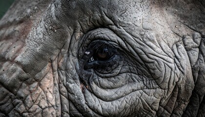 Close-up view of an elephant's deeply wrinkled skin around a thoughtful eye, showcasing the animal's age and wisdom.