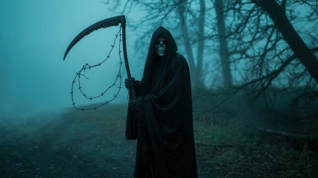 Terrifying Grim Reaper with scythe and barbed wire emerges from misty dark forest on Halloween night