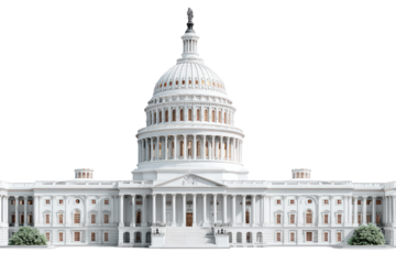 Wide shot of the U.S. Capitol Building, front facade.  White structure, dome, columns, and detailed architectural features