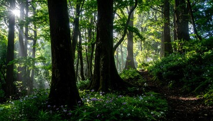 Naklejka premium Sunlit path through a misty forest