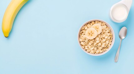 Obraz premium Healthy breakfast oatmeal with banana and milk