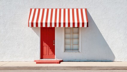 Simple storefront with a red door and striped awning