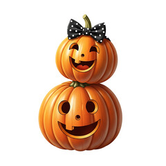 Two cute carved halloween pumpkins stacked together with a bow, isolated on transparent background