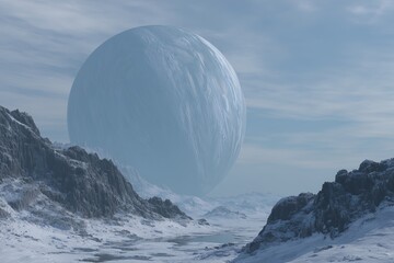 Large satellite in alien landscape with cold blue tones, rocky snowy surface, visible horizon and space background, depicting a desolate cosmic scene for science fiction concepts.