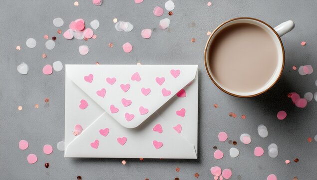 Romantic message in a white envelope, latte coffee, and confetti