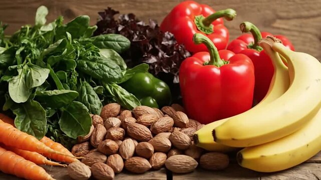 Assorted produce on wood spinach lettuce carrots nuts peppers and bananas
