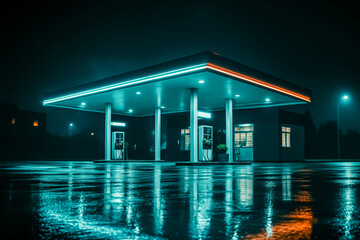 Night-time gas station with reflections and neon lights