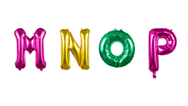 Pink, gold, and green foil balloons spelling m, n, o, p isolated on transparent background
