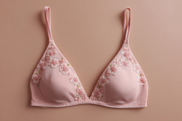 Delicate pink bra adorned with floral embroidery. A touch of elegance and comfort in this lingerie piece.