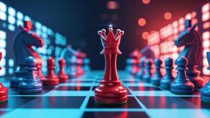 Red queen chess piece standing on illuminated futuristic board with glowing digital background and opposing blue chess figures in focus - Powered by Adobe