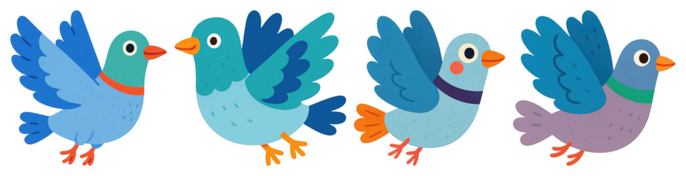 PNG Colorful cartoon birds flying, element set on transparent background