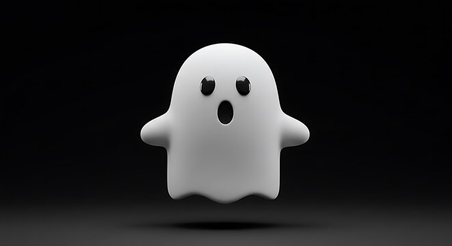 3d cartoon illustration, black and white cartoon ghost floating at the top of the image with clear copy space at the bottom for photo use. ,isolated on bright background
