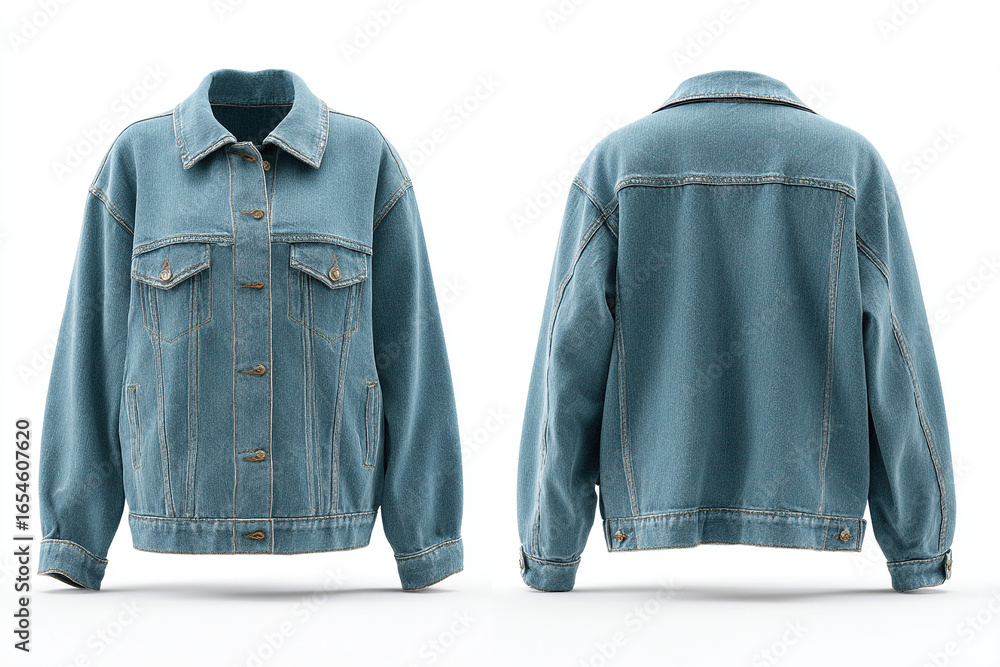 Poster a front and back view of a denim jacket. it's a classic piece that is versatile and can be paired wi