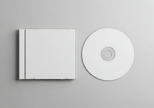 Blank white cd case and disc on a gray background