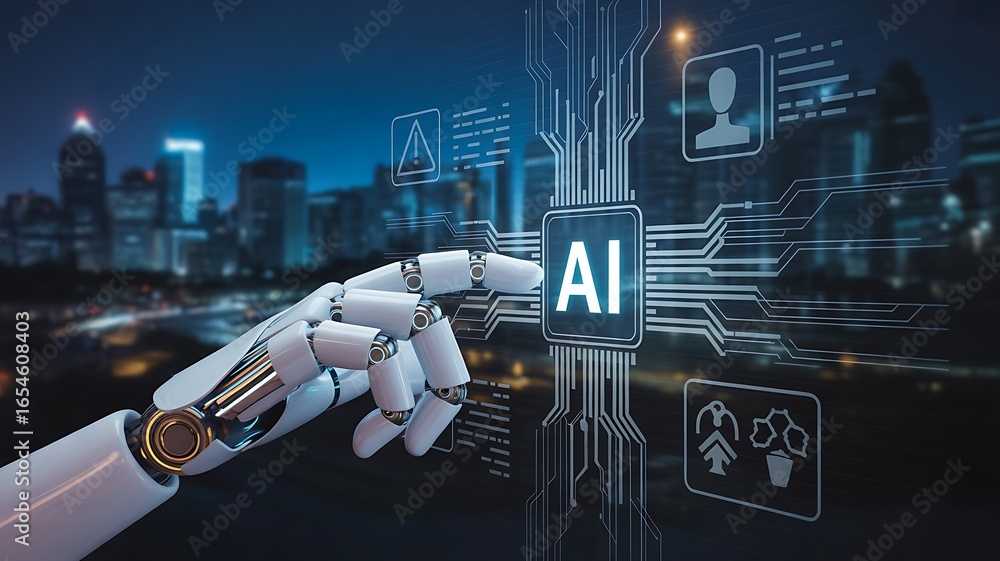 Poster robotic hand touching a i interface with city skyline at night robot hand artificial intelligence