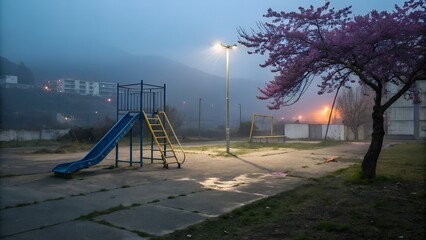 A quiet playground stands empty with a colorful slide and a vibrant flowering tree under the soft glow of a streetlamp in thick fog.
