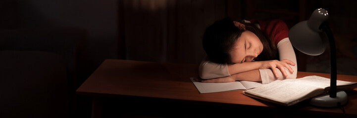 Tired Student Sleeping at Desk with Copy Space Wide Banner