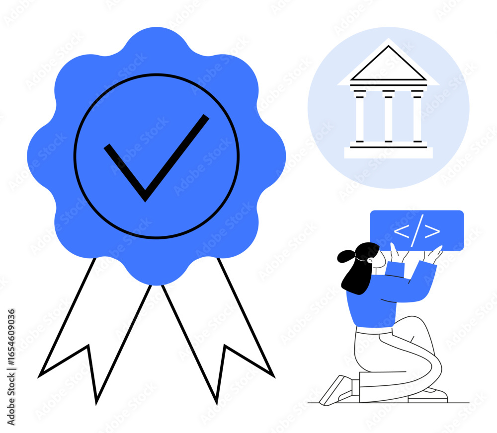 Aufkleber large blue certification badge with a checkmark, a classical building, and a person coding on a lapt