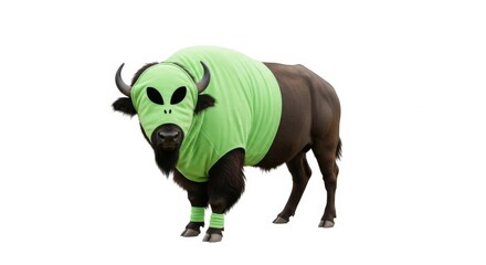 Fototapeta premium buffalo dressed in a green alien costume, Funny extraterrestrial Halloween costume, white background