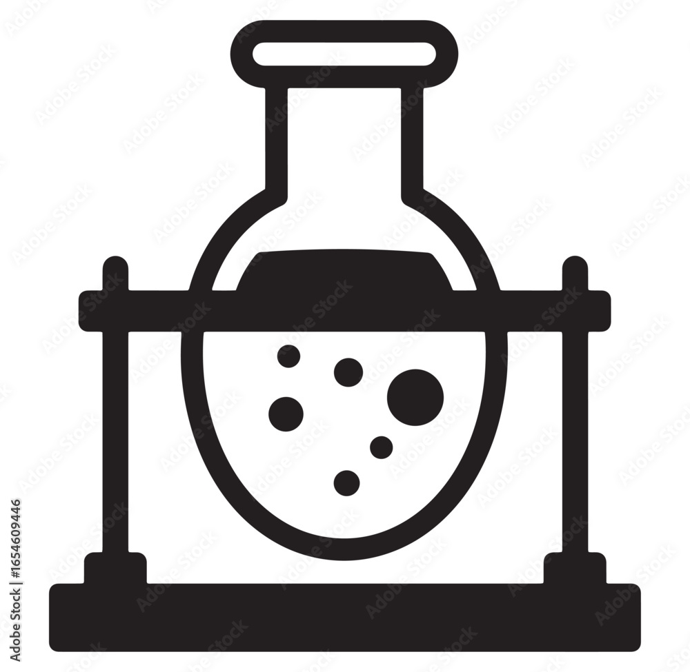 Poster simple black and white illustration of a laboratory flask with bubbles in a stand