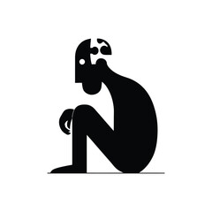 Silhouette of a person seated with head in knees and puzzle pieces missing from head shape design