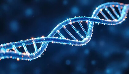 A shimmering blue DNA strand spiraling and rotating, representing genetic research, biotechnology, and medical advancements. Perfect for science and healthcare concepts - Powered by Adobe