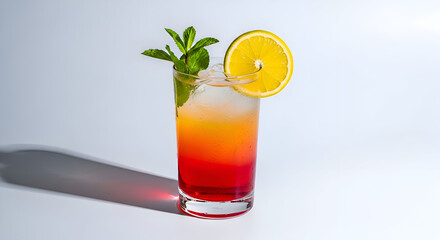 Fototapeta premium Refreshing and vibrant layered summer cocktail with ice, garnished with a fresh sprig of mint and a slice of lemon on a clean white background