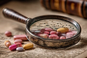 Magnifying glass over pills on aged paper