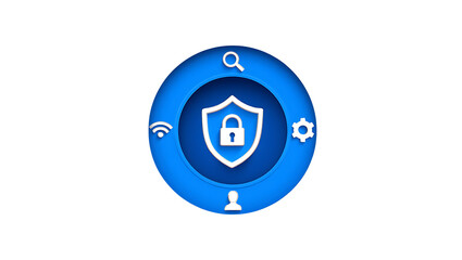 Security shield with lock icon and surrounding symbols isolated on transparent background