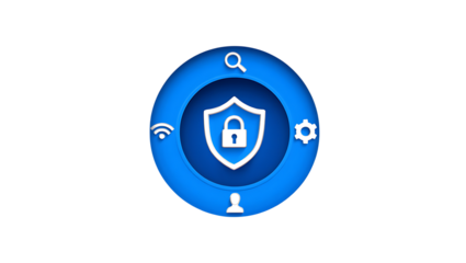 Security shield with lock icon and surrounding symbols isolated on transparent background