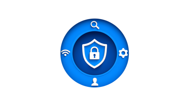 Security shield with lock icon and surrounding symbols isolated on transparent background