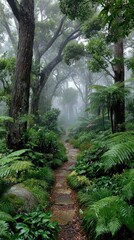 Obraz premium Misty forest path winding through lush greenery