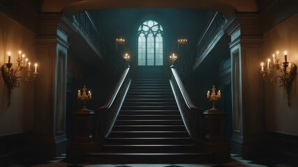 Grand staircase inside historic mansion with gothic arched window and candlelit chandeliers creating elegant luxurious interior atmosphere - Powered by Adobe