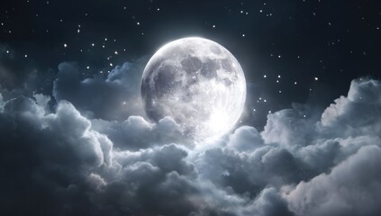 Full moon behind clouds at night