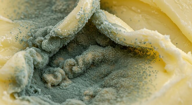 Moldy food texture background close up macro shot of spoiled food with fungus growth and bacterial decay -