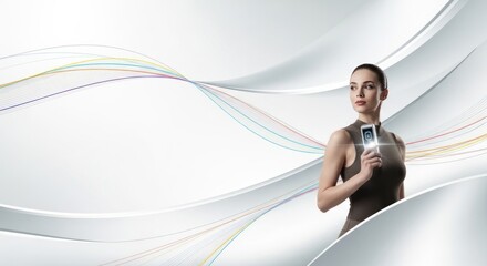 Elegant Woman Holding Smartphone Against Abstract Background with Fluid Lines and Soft Curves, Symbolizing Technology and Modern Design
